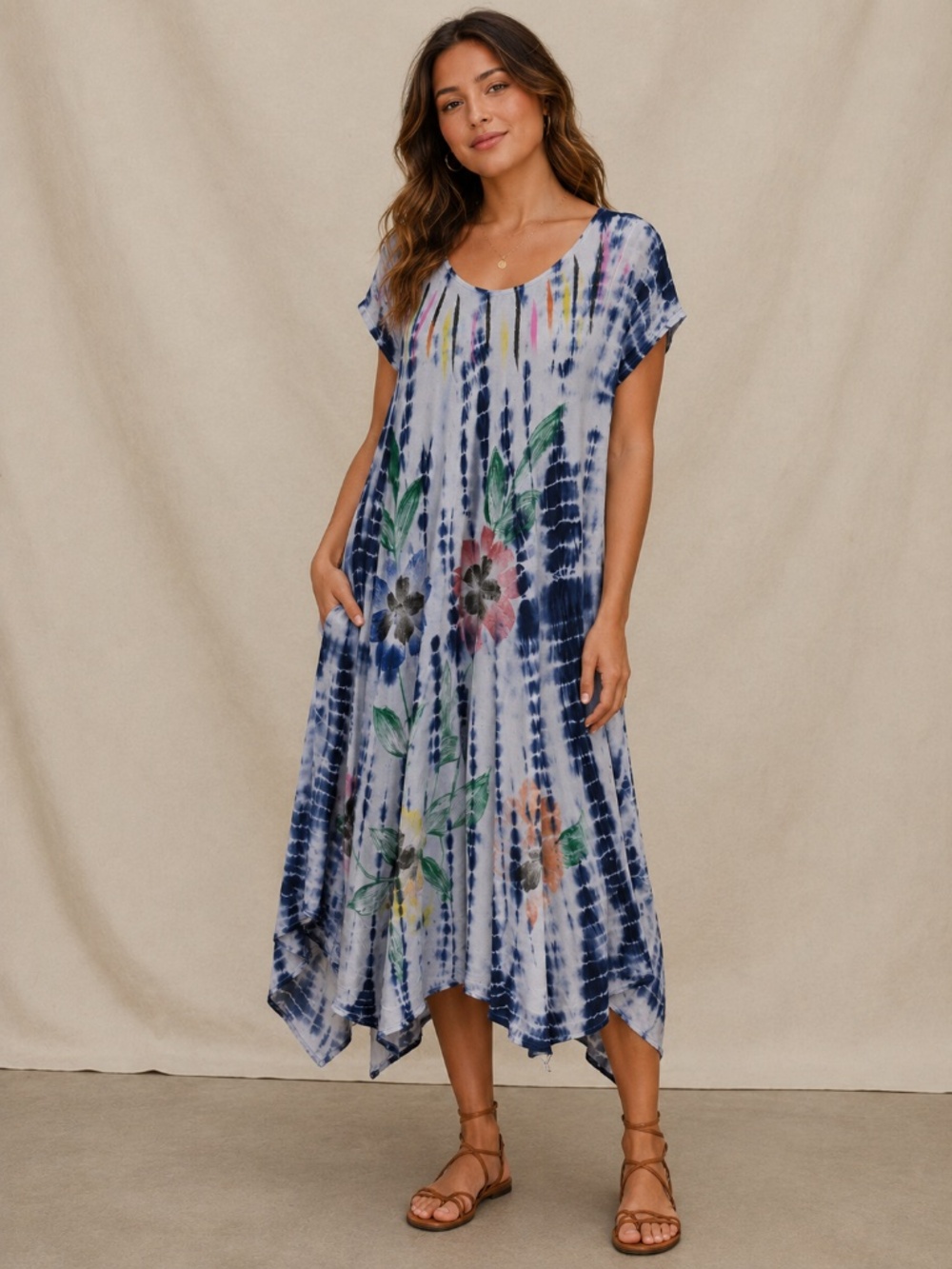 Exist Tie Dye Floral Midi Dress Boho Beachy Blue Short Sleeve Relxed Lagenlook